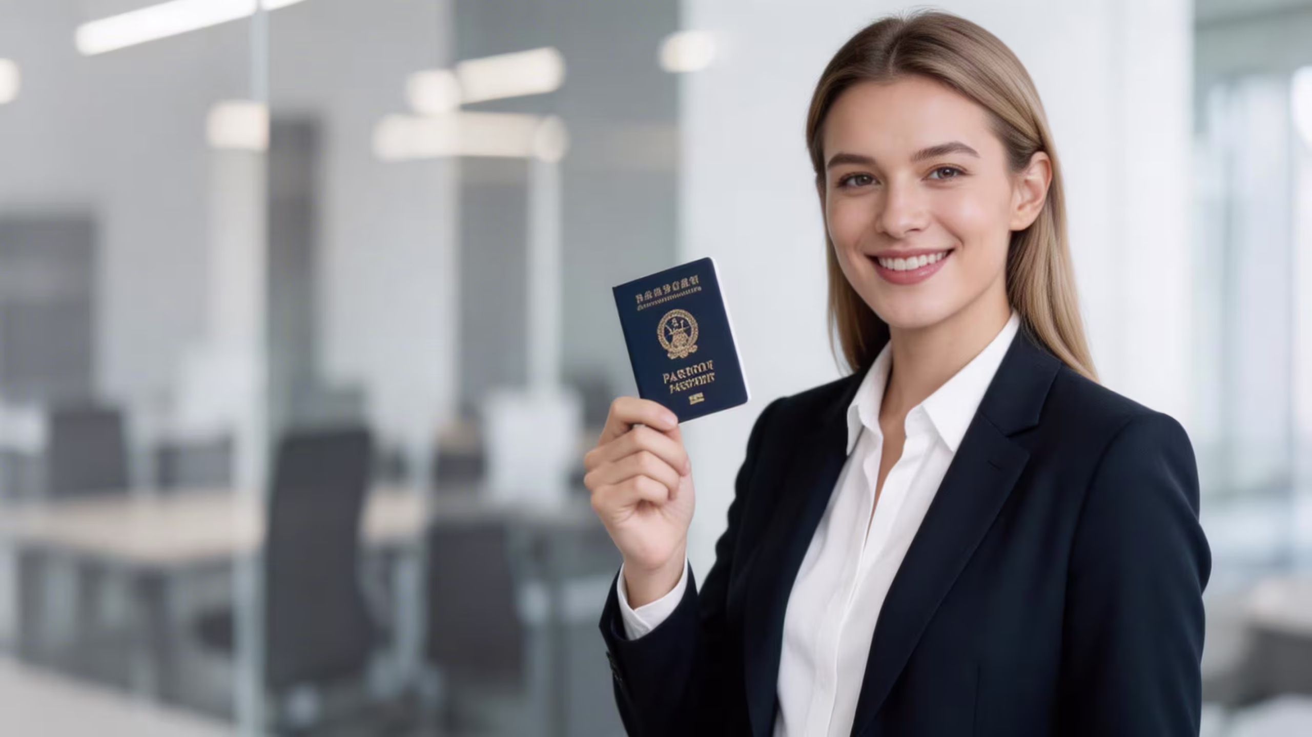 Smiling woman holding a Chinese passport in an office setting